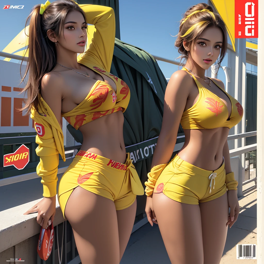 (masterpiece:1.2, Best quality), (magazine cover), (Colorful sports magazine cover with lots of text), Brilliant colorful paintings, Cover in pop art style, Glamorous, seductive, Stylish, chic, high-fashion, tempting, elegant, trends, fashionable, shining, Dazzling, difficult, deafening, Dramatic, cmелый, SEXY model with tanned skin and ChupaChups tattoo on her leg , perfectly round and perky enlarged breasts with a volume of 700 cc.cm., ((in neon yellow and red print" Chup24.CC"with marijuana mini sports top and shorts)), ((with chupachups)), (very detailed:1.2)
