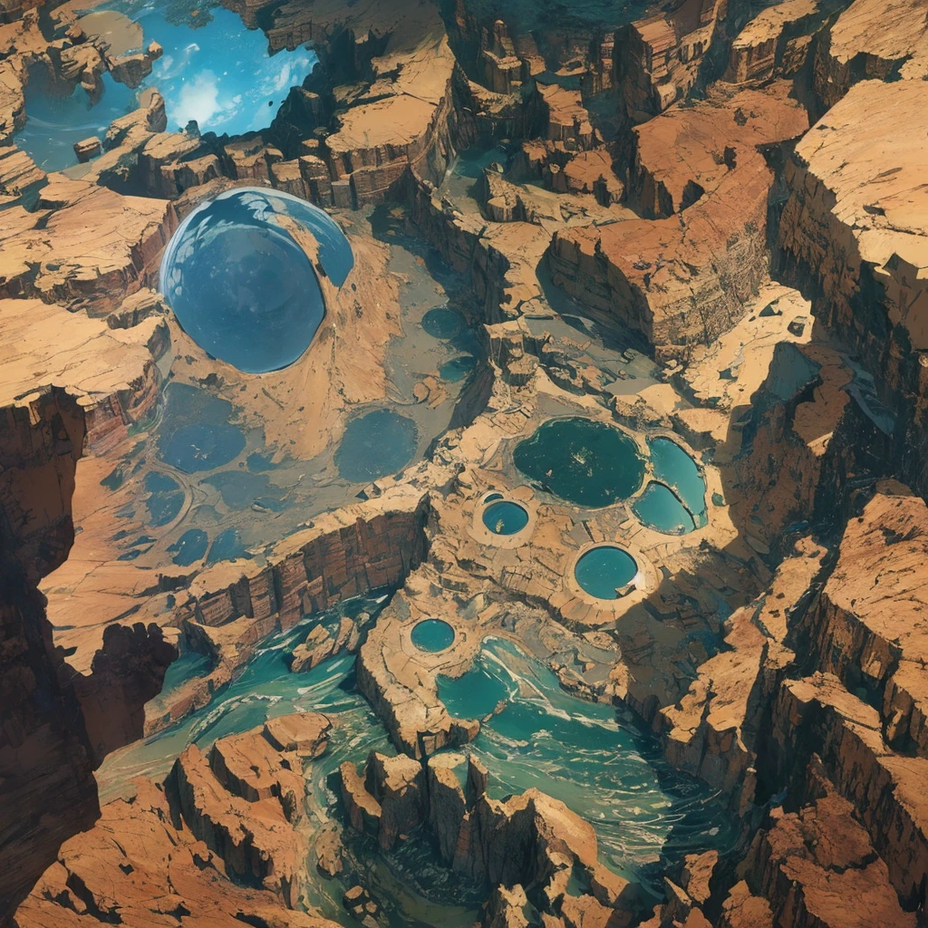 um desenho dthe earth Oca, the planet is warm with canyons, the planet, 🪔 🎨;🌞🌄, ARID PLANET, the earth, Teoria dthe earth Plana, planet arrakis, alien sedimentary scheme, terraformed mars, imbalanced mars. Rough, circular planet, concept drawing,