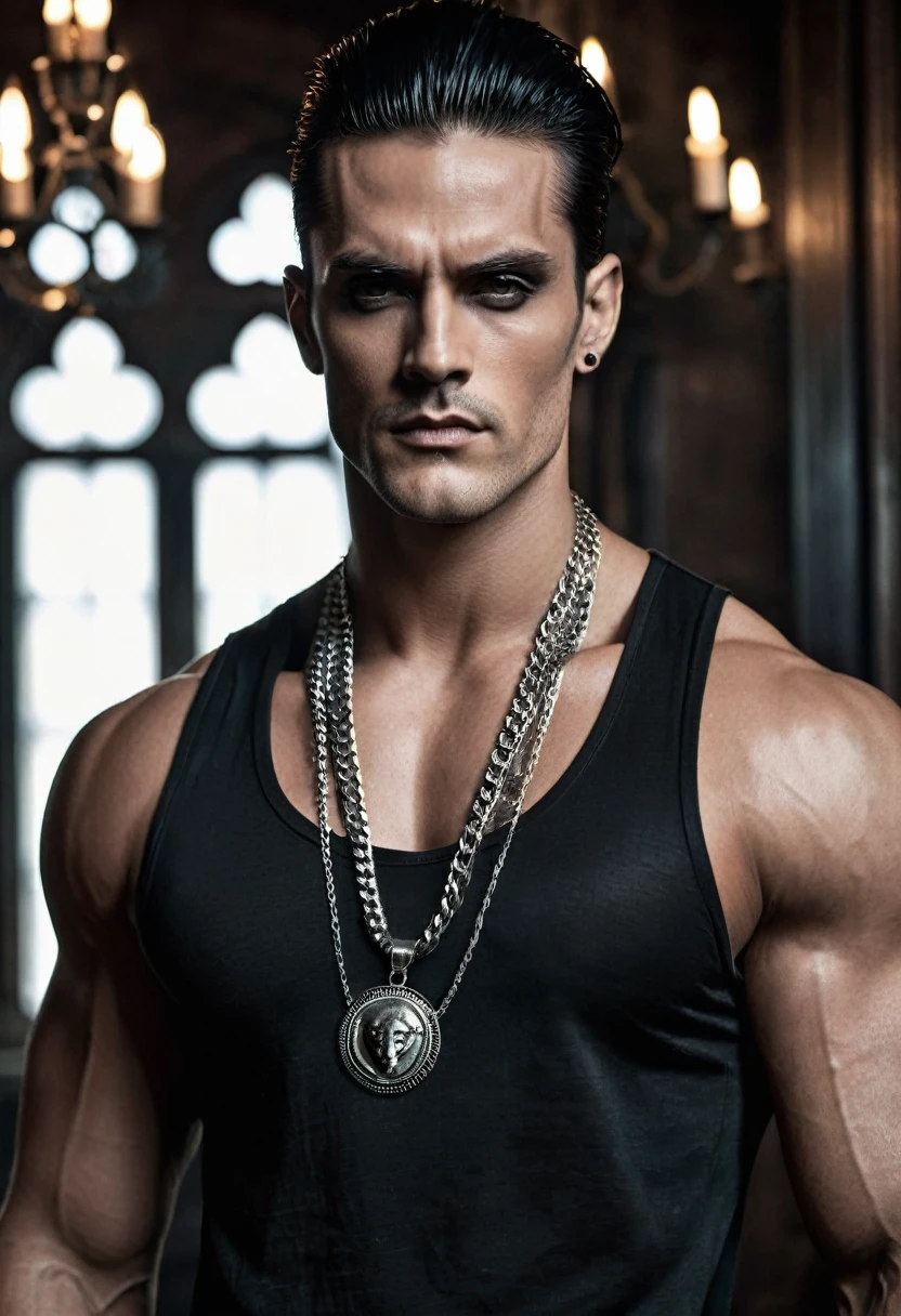 The image features a very fit man with a toned physique posing in a somber, gothic setting. His dark, slicked-back hair and sharp features, including piercing dark eyes and a chiseled jawline, create a smoldering look. He wears a dark, high-necked tank top that contrasts with his bare arms, further emphasizing his muscular build. Adding to the edgy aesthetic, he sports a collection of chunky silver necklaces with various pendants, including coins and animal figures. His intense gaze directly at the camera adds to the overall mood of dark, brooding masculinity.