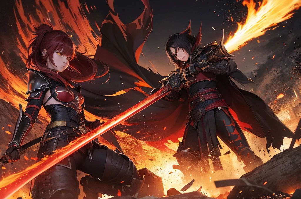 A warrior with dark black armor, red hair, yellow eyes, a black and red katana sword, a background of a burning castle and corpses.