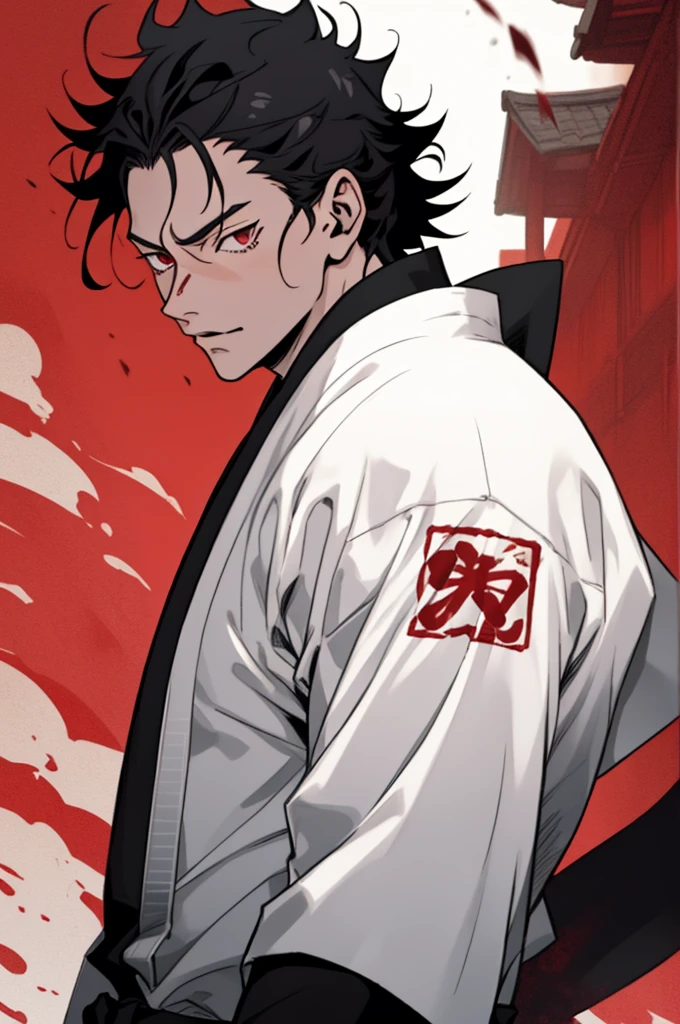 A boy, naughty man, adolescent, black hair, eyes black, posing, in the costume of the jujutsu school of jujutsu kaisen, with messy hair