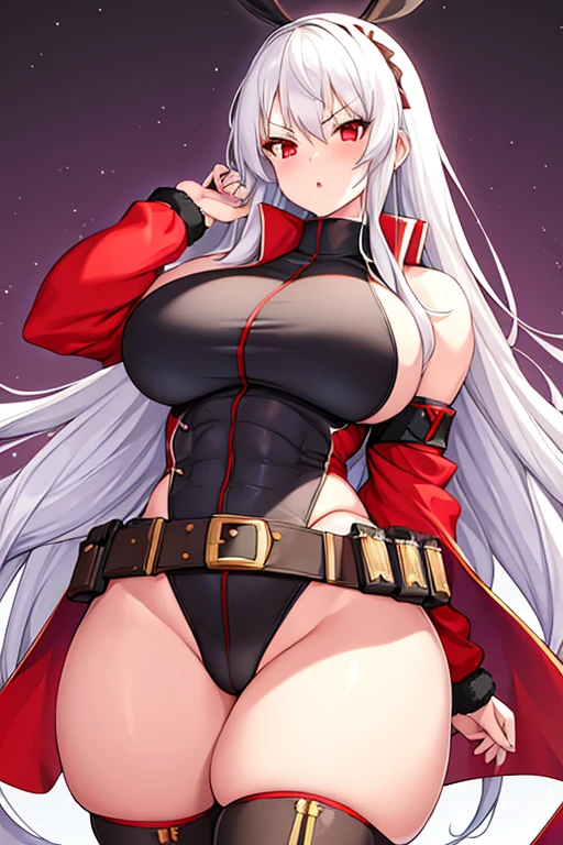 1girl, white hair, long hair, red eyes, serious, glowing eyes, large breasts, thick thighs, mature female, athletic  female, toned, leotard, black leotard, thighhighs, belt, knife, fur trim, fur