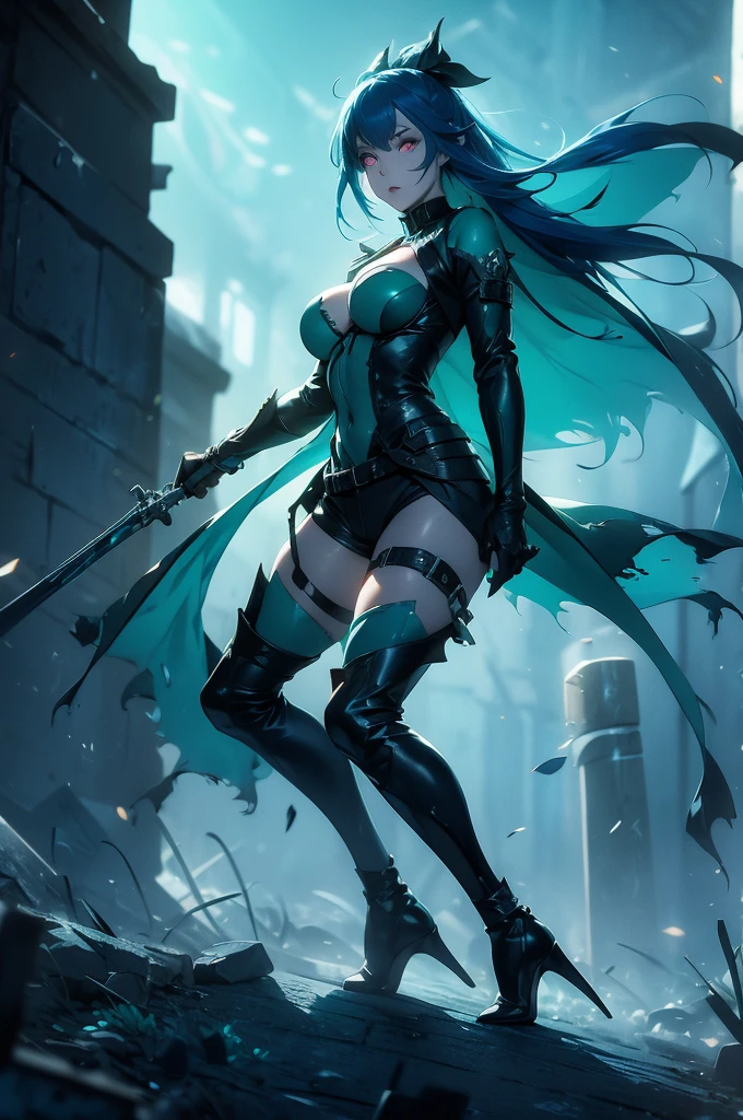 zombie girl teal skin, huge breasts, torn swat clothing, combat shorts, black gloves, blood stains all over her body, blue hair, glowing green eyes, posing as a villain, battle pose (((stance))) , cemetery background , full body focus, hdr.
