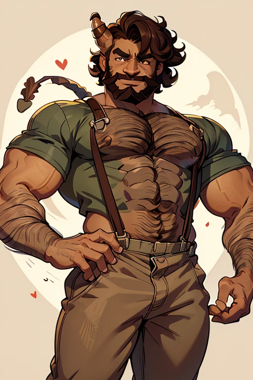 Simgle mature man, (male focus:1.2), muscular, gentle smile, sweet and caring expression (mature man:1.3), (muscular:1.3), orc,0rc, brown skin, (casual:1.4) balance, Straight shot, shirtless, suspenders, one single demon horn on the left side, beard on the chin, messy curled hair