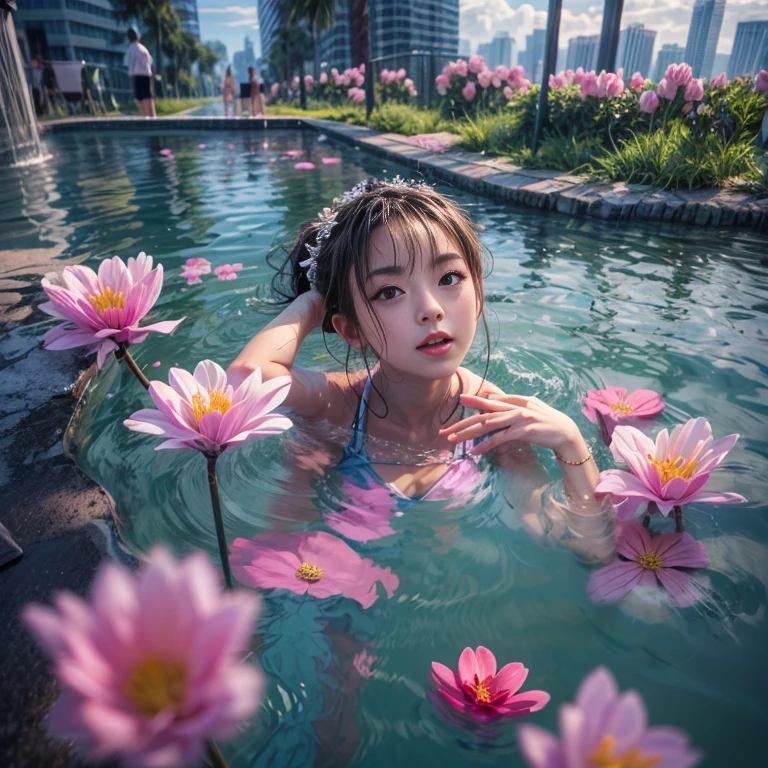 280th floor infinity pool，The tallest building in the urban forest, {Around bonsai|Luo Han Song|coconut palms|tulips|Rose flower}, ExtermlyDetaild(ProfessionlPhoto of Girl floating in the sky:1.37)(Masterpiece 8K TopQuality:1.2), ExtremelyDetailed KAWAII face Eyes{ElaboratePupils with (SparklingHighlights:1.28)|DoubleEyelids with (Voluminous LongEyelashes:0.88)|RosyCheeks} BREAK   Detailed impeccable Radiant PearlSkin with Transparency (Skinny SchoolSwimwear:1.37) beautiful graceful {HiddenHand|Corrected BabyLikeHand} (Whole Body Proportions and all limbs are Anatomically Accurate), Full of Flowers