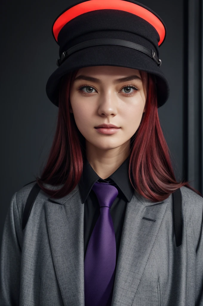 1girl,armband,black_coat,black_headwear,black_shirt,blue_archive,blush,coat,collarbone,collared_shirt,grey_eyes,hair_between_eyes,halo,hat,highres,iroha_(blue_archive),long_hair,looking_at_viewer,necktie,open_clothes,open_coat,parted_lips,peaked_cap,purple_halo,red_armband,red_hair,red_necktie,safety_pin,shirt,solo,upper_body,zhnyy3, best quality, masterpiece, nai3
