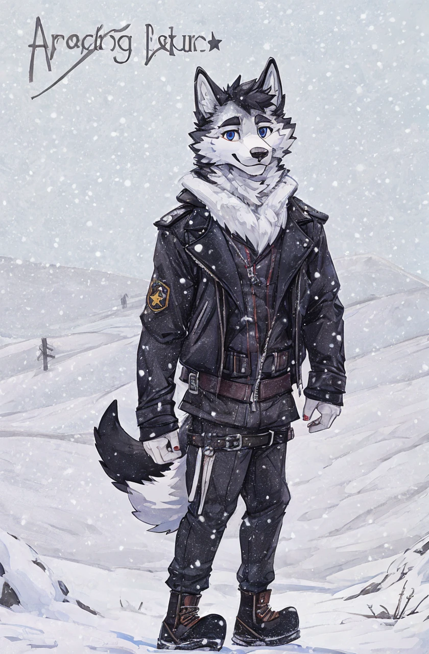 Engrilklenus, husky dog, arctic, strong, muscular, leather jacket, winter pants, snow boots, tail, white paws, black and white fur, star patch