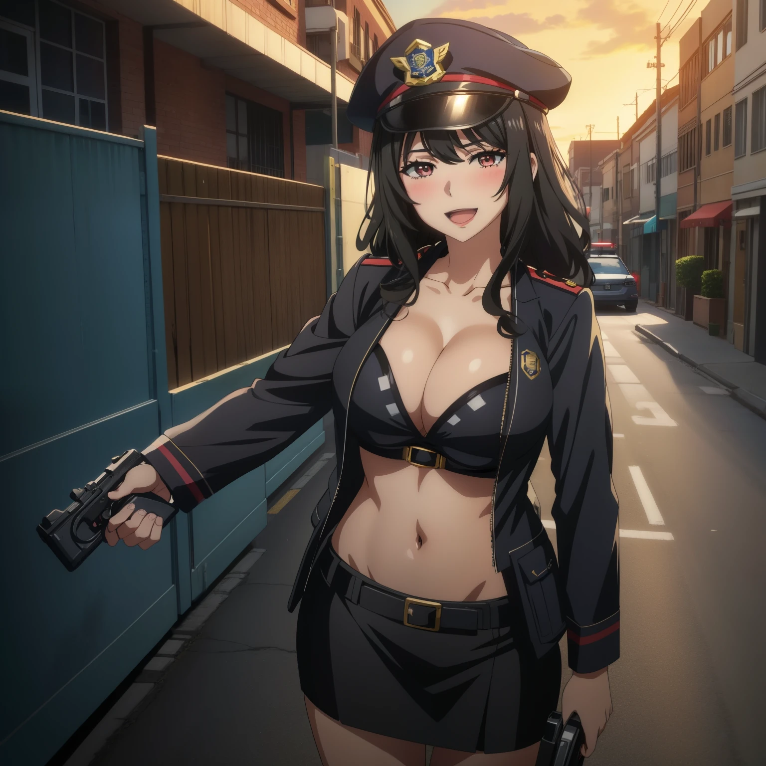 2girl, two girl ,long hair,mature female,makeup,eyelashes, blush, lipstick, masterpiece, best quality, highly detailed, a anime girls in police uniforms with a gun posing for a
picture, police outfit, military outfit, open mouth, cleavage, evil smile, smile, ecchi anime style, anime
girls, ecchi style, ecchi, digital anime art!!, in anime style, , (nsfw) not safe for work, official artwork,
visual novel cg, beautiful anime girl, anime style 4 k, micro pencil skirt, pencil skirt, micro skirt, exposed
belly, exposed navel, exposed midriff, exposed lower belly, holding a gun, , outdoor,street,road, next to police car, police car