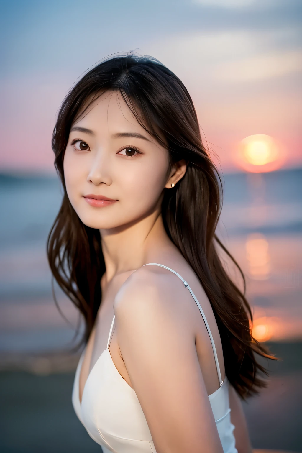 Create a high-quality, hyper-realistic portrait of a very beautiful Japanese idol. She is wearing a clean white summer dress and is squatting on the beach during sunset at sea. The deep indigo of the night sky contrasts with the last vestiges of crimson near the horizon, with swaying waves in the background. The girl has semi-long hair and a slender body with small breasts. The photo should capture her with detailed eyes, a detailed face, and a beautiful, sophisticated nose. The image should have a realistic, delicate, and finely detailed quality, suitable for a fashion magazine cover. Use cinema lighting and soft light to enhance her features. Ensure the photo is of the highest quality, with a resolution of 8K, making it perfect for a 2K wallpaper.