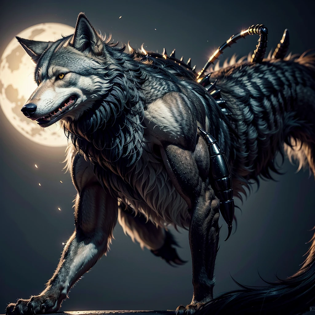 Furry male wolf with a mechanical scorpion tail 