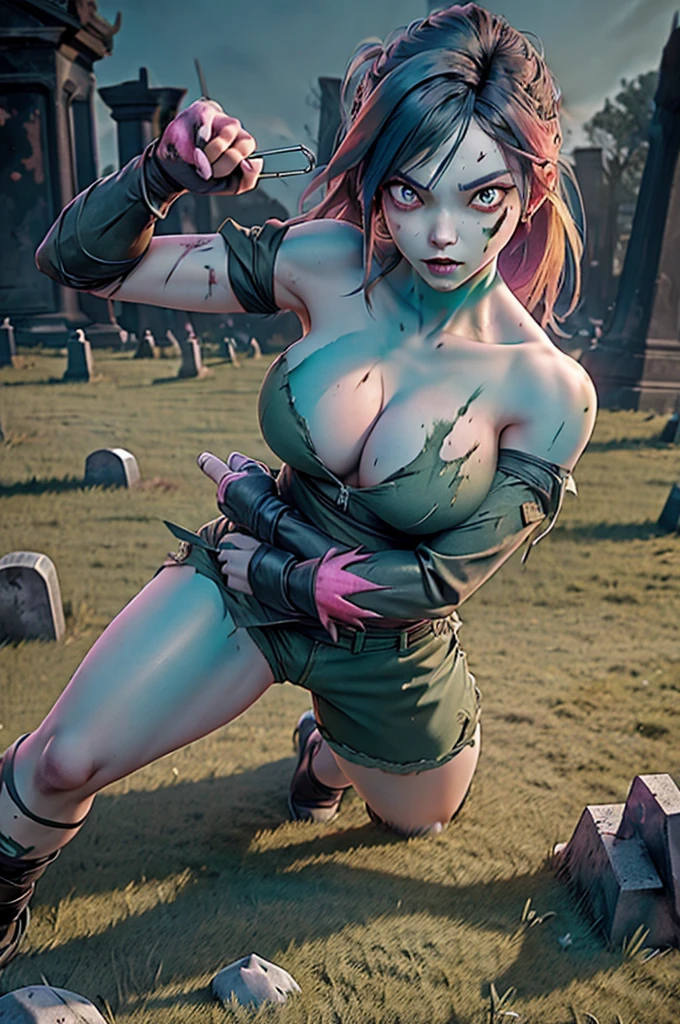 zombie girl teal skin, huge breasts, torn swat clothing, combat shorts, black gloves, blood stains all over her body, blue hair, glowing green eyes, posing as a villain, battle pose (((stance))) , cemetery background , full body focus, hdr.
