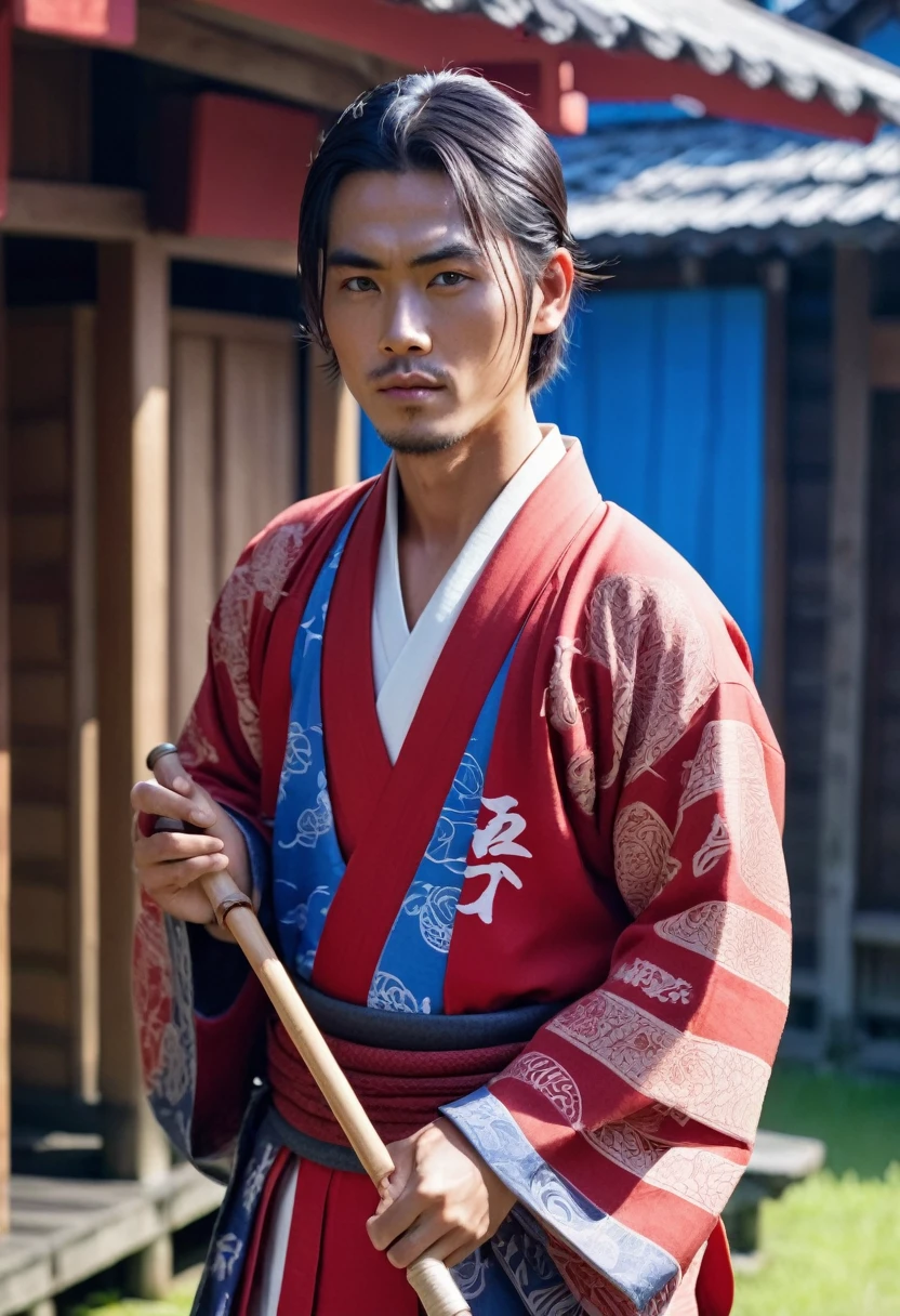 Young Indonesian man, wearing Jirah samurai clothes, red like in samurai films, carrying a fishing rod, wooden house in the background, written in Japanese letters, white and blue lighting