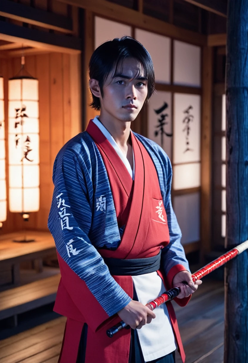 Young Indonesian man, wearing Jirah samurai clothes, red like in samurai films, carrying a fishing rod, wooden house in the background, written in Japanese letters, white and blue lighting