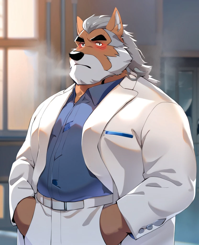 Gray Wolf,personification,Mature male,Hercules,Gray hair,naked,Cold expression,Red pupil,Black eyebrows,White suit suit,Hands in pockets,The Age of Steam,Hospital Office。