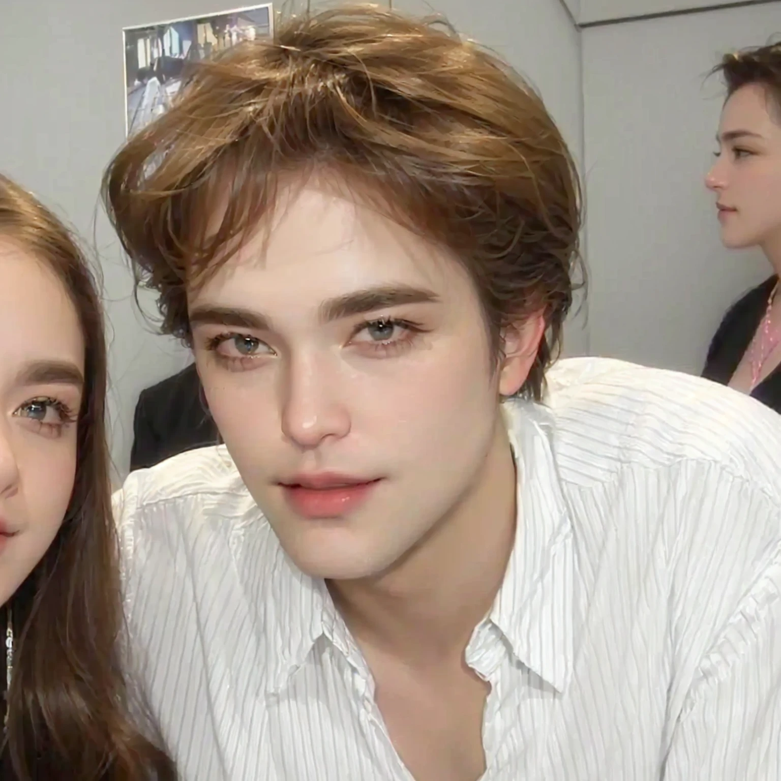 there is a man and a woman that are posing for a picture, taken in the late 2000s, taken in the mid 2000s, with a pouting smile, his eyes look wise, taken in the 2000s, edward, chilled out smirk on face, self - satisfied smirk, smirking deviously. Robert Pattinson, Robert Pattinson face (8k, foto cruda, Mejor calidad, obra maestra:1.2), (Realista, photo-Realista:1.37),1 