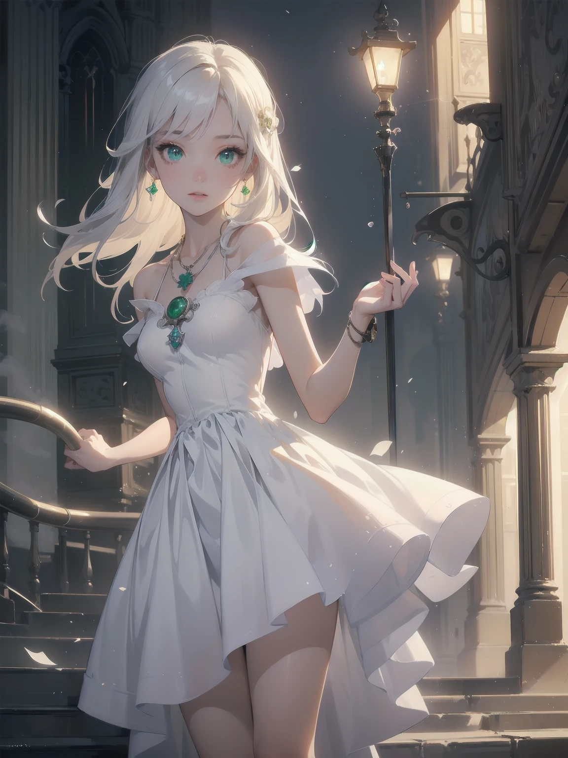 (masterpiece:1.2), (Highest quality:1.2), Ultra-high resolution, Very detailed, break, ((Anime girl standing with a pocket watch in her hand)), Surreal Girl, (1 person,Lolita,boyish, , :1.3), A light smile, , The charm of androgyny, Long Hair, ((Platinum Hair)), Messy Hair, small and soft breasts,Slender body, Small Ass, Small green eyes,Fine and beautiful eyes, Well-proportioned iris and pupil, Expressive eyes, Beautiful and detailed lips, High resolution detailed hair, Perfect Eyes, Perfect Face, ultra high density skin, Full Finger, Perfect lighting, break, ((Light green necklace)), ((White Dress:1.3)), light green tie, Sparkling Sapphire, Lady, Wear white gloves, break, (steampunk), Castle balcony, Skyscraper, Night view, Equipment, pipe, (Steam spewing out from pipes:1.2), Fantasy, break, ((Positive:1.3)), break, Digital anime art,Anime style illustrations,Anime illustration