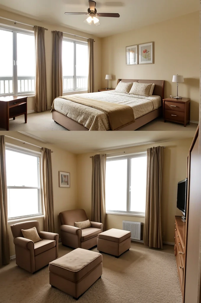 a room with a glass window a big soft bed with a teddy bear a television , a clothes closet with a mirror and a chair 