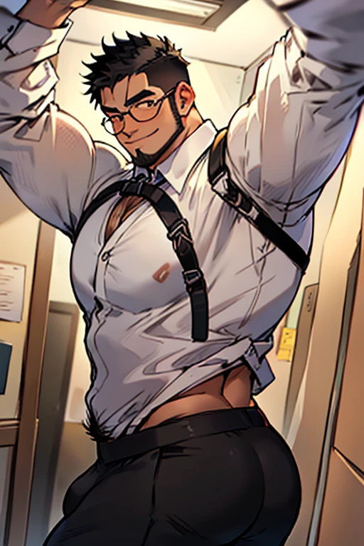 4k, masterpiece, high resolution:1.2, 1 man, solo, bara, muscular, big physique, crew cut hair, facial hair, chest, wide shoulder, biceps, thighs, triceps, huge butt, black hair, sexy smile, bad boy, standing in an office, wearing formal trousers, wearing formal stripes pattern office shirt, stretching wearing glasses, upstairs office in the background, ultra detailed, shredded muscle, flat style, with a rope (((wearing harness))) (((view from the front, big bulge, thick huge ass)))