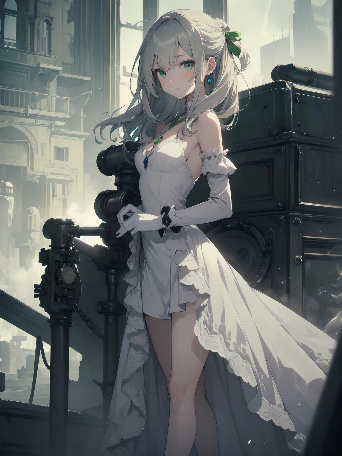 (masterpiece:1.2), (Highest quality:1.2), Ultra-high resolution, Very detailed, break, ((Anime girl standing with a pocket watch in her hand)), Surreal Girl, (1 person,Lolita,boyish, , 13 years old:1.3), A light smile, , The charm of androgyny, Long Hair, ((Platinum Hair)), Messy Hair, small and soft breasts,Slender body, Small Ass, Small green eyes,Fine and beautiful eyes, Well-proportioned iris and pupil, Expressive eyes, Beautiful and detailed lips, High resolution detailed hair, Perfect Eyes, Perfect Face, ultra high density skin, Full Finger, Perfect lighting, break, ((Light green necklace)), ((White Dress:1.3)), light green tie, Sparkling Sapphire, Lady, Wear white gloves, break, (steampunk), Castle balcony, Skyscraper, Night view, Equipment, pipe, (Steam spewing out from pipes:1.2), Fantasy, break, ((Positive:1.3)), break, Digital anime art,Anime style illustrations,Anime illustration