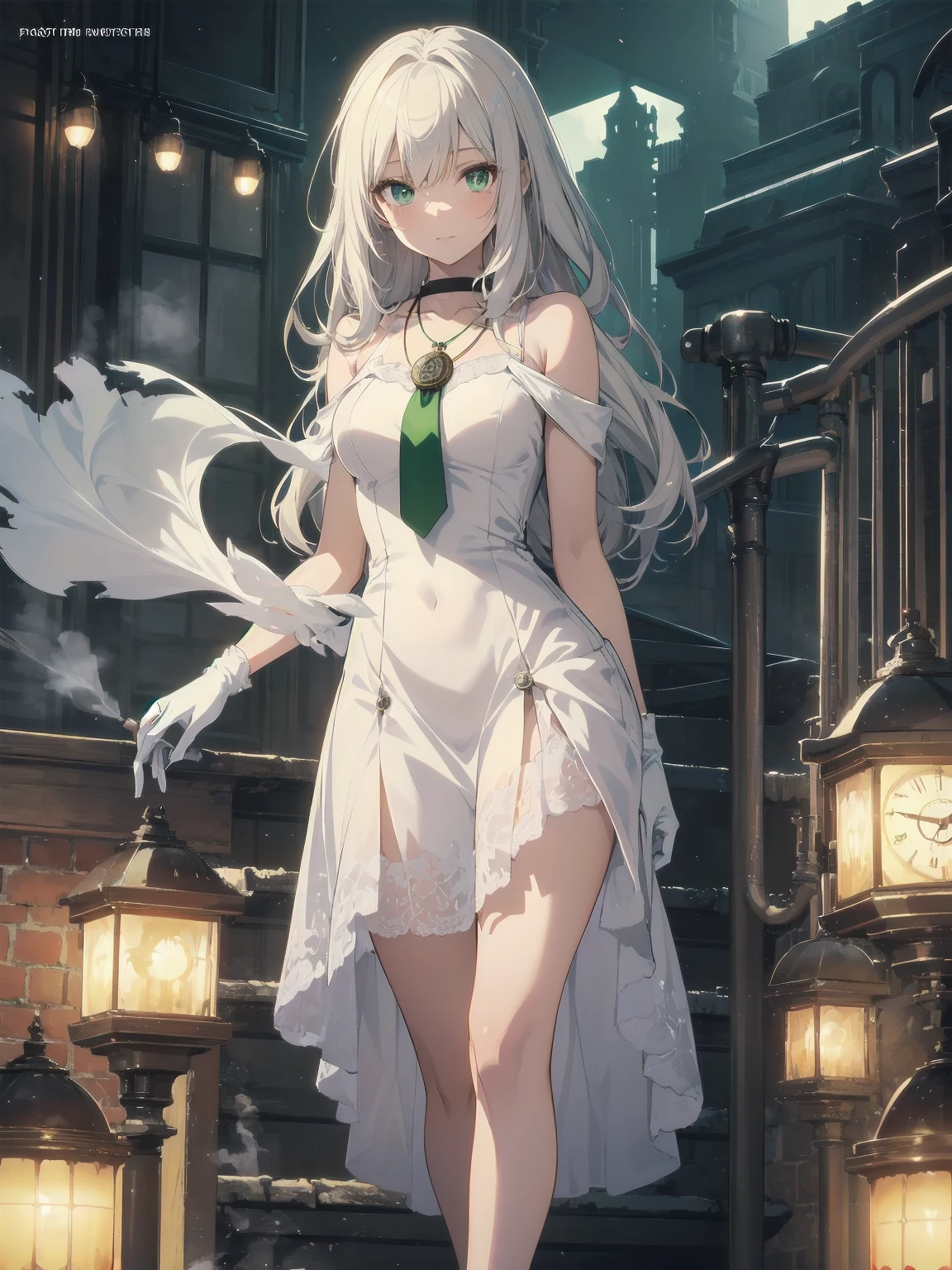 (masterpiece:1.2), (Highest quality:1.2), Ultra-high resolution, Very detailed, break, ((Anime girl standing with a pocket watch in her hand)), Surreal Girl, (1 person,Lolita,boyish, , 13 years old:1.3), A light smile, , The charm of androgyny, Long Hair, ((Platinum Hair)), Messy Hair, small and soft breasts,Slender body, Small Ass, Small green eyes,Fine and beautiful eyes, Well-proportioned iris and pupil, Expressive eyes, Beautiful and detailed lips, High resolution detailed hair, Perfect Eyes, Perfect Face, ultra high density skin, Full Finger, Perfect lighting, break, ((Light green necklace)), ((White Dress:1.3)), light green tie, Sparkling Sapphire, Lady, Wear white gloves, break, (steampunk), Castle balcony, Skyscraper, Night view, Equipment, pipe, (Steam spewing out from pipes:1.2), Fantasy, break, ((Positive:1.3)), break, Digital anime art,Anime style illustrations,Anime illustration
