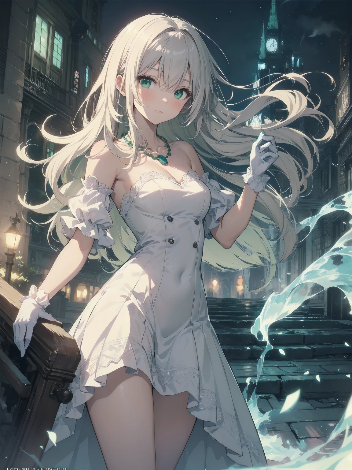 (masterpiece:1.2), (Highest quality:1.2), Ultra-high resolution, Very detailed, break, ((Anime girl standing with a pocket watch in her hand)), Surreal Girl, (1 person,Lolita,boyish, , :1.3), A light smile, , The charm of androgyny, Long Hair, ((Platinum Hair)), Messy Hair, small and soft breasts,Slender body, Small Ass, Small green eyes,Fine and beautiful eyes, Well-proportioned iris and pupil, Expressive eyes, Beautiful and detailed lips, High resolution detailed hair, Perfect Eyes, Perfect Face, ultra high density skin, Full Finger, Perfect lighting, break, ((Light green necklace)), ((White Dress:1.3)), light green tie, Sparkling Sapphire, Lady, Wear white gloves, break, (steampunk), Castle balcony, Skyscraper, Night view, Equipment, pipe, (Steam spewing out from pipes:1.2), Fantasy, break, ((Positive:1.3)), break, Digital anime art,Anime style illustrations,Anime illustration