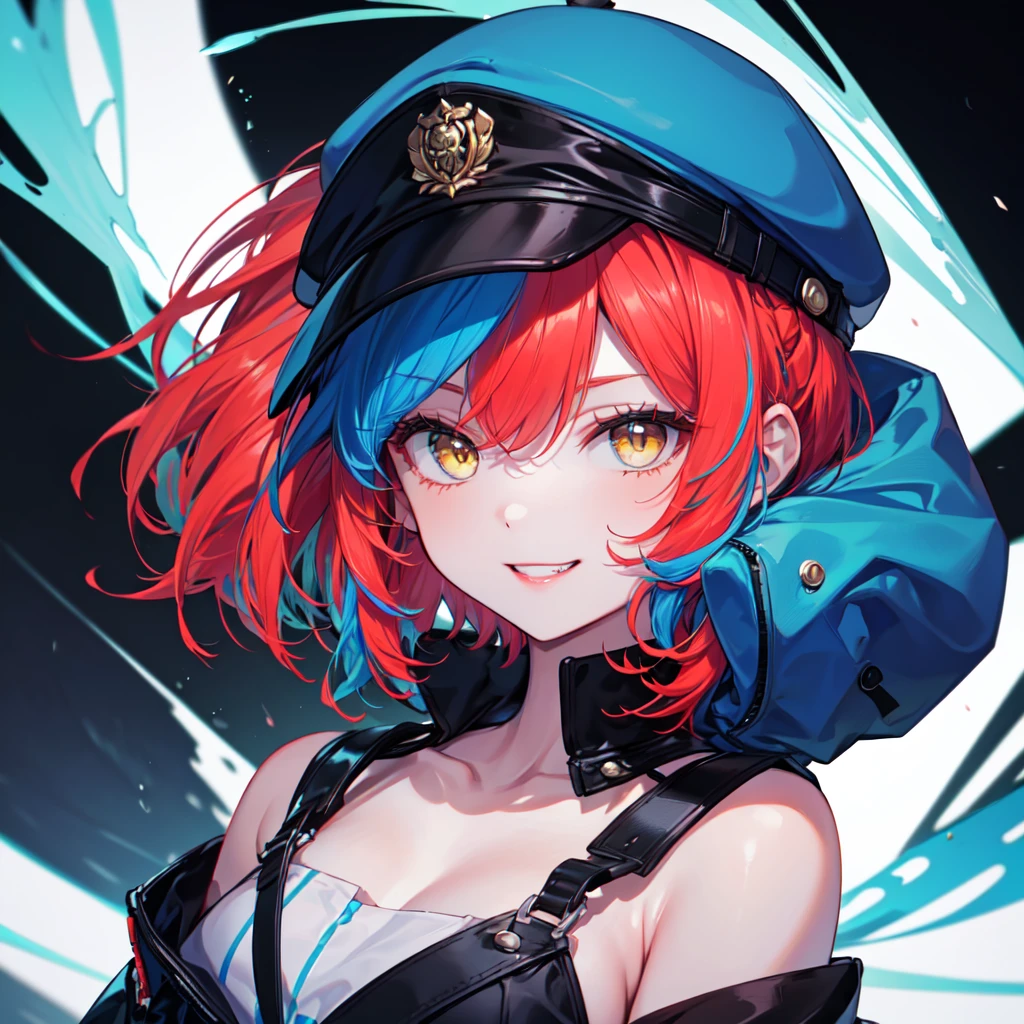 (8K, Highest quality, Highest quality, masterpiece), grin, girl, face focus, black background, yellow eyes, red lips, (((blue hair, mid short hair, blue cap)))