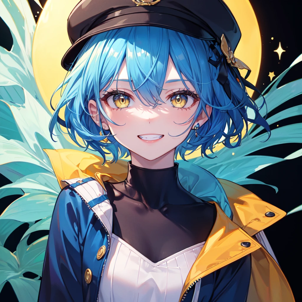 (8K, Highest quality, Highest quality, masterpiece), grin, 17 age old girl, face focus, black background, yellow eyes, red lips, (((blue hair, mid short hair, blue cap)))