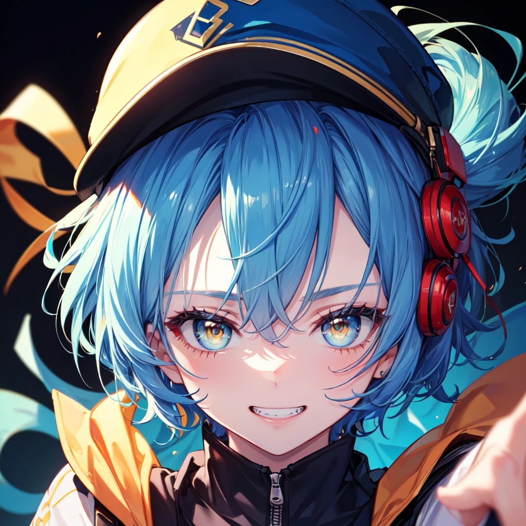 (8K, Highest quality, Highest quality, masterpiece), grin, 17 age old girl, face focus, black background, yellow eyes, red lips, (((blue hair, mid short hair, blue cap)))