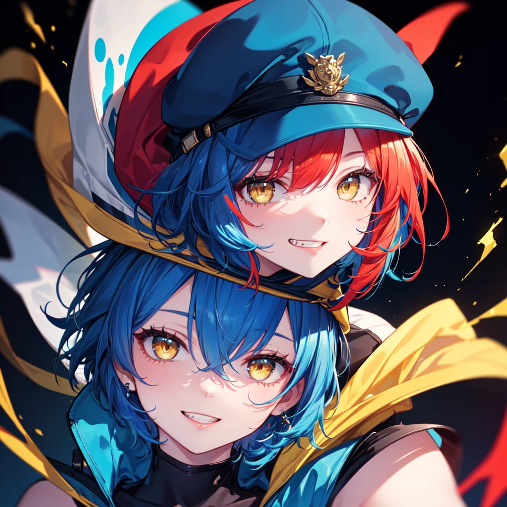 (8K, Highest quality, Highest quality, masterpiece), grin, 17 age old girl, face focus, black background, yellow eyes, red lips, (((blue hair, mid short hair, blue cap)))