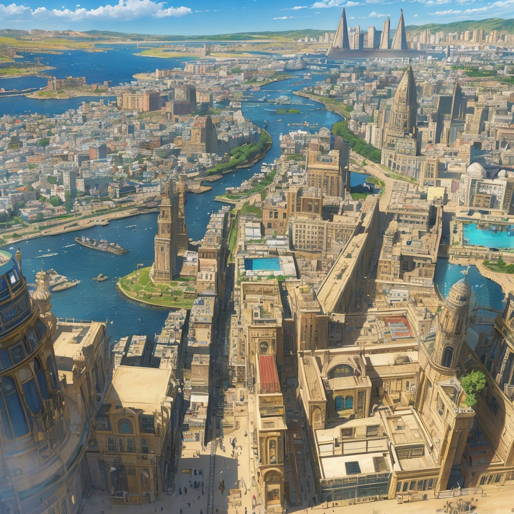 panoramic view of a big city with a swimming pool in the middle, colorful ancient egyptian city, colorful city in ancient Egypt, ancient city, ancient persian city, in a large Mesopotamian city, ancient city landscape, ancient civilization, huge futuristic temple city, Egyptian environment, Kuno, but futuristic, egyptian setting, cities of mesopotamia,