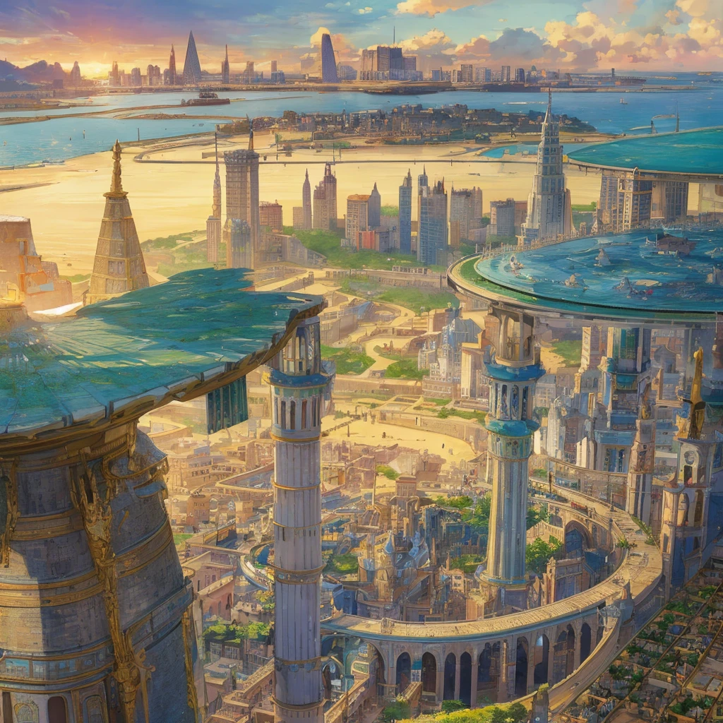 panoramic view of a big city with a swimming pool in the middle, colorful ancient egyptian city, colorful city in ancient Egypt, ancient city, ancient persian city, in a large Mesopotamian city, ancient city landscape, ancient civilization, huge futuristic temple city, Egyptian environment, Kuno, but futuristic, egyptian setting, cities of mesopotamia,