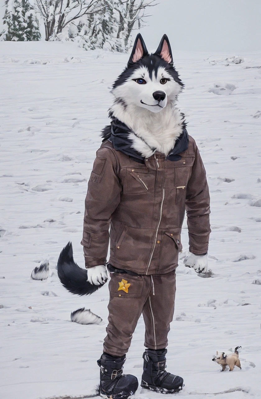 Engrilklenus, husky dog, arctic, strong, muscular, leather jacket, winter pants, snow boots, tail, white paws, black and white fur, star patch