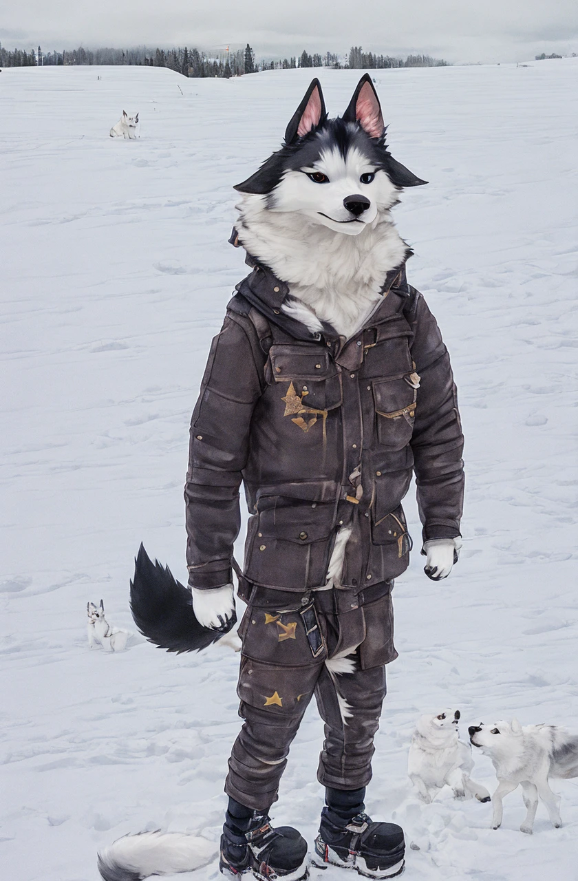 Engrilklenus, husky dog, arctic, strong, muscular, leather jacket, winter pants, snow boots, tail, white paws, black and white fur, star patch