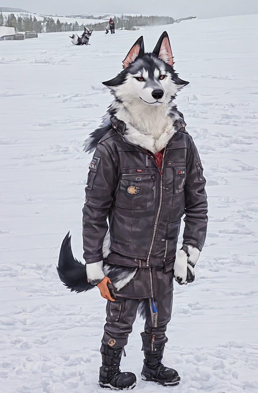 Engrilklenus, husky dog, arctic, strong, muscular, leather jacket, winter pants, snow boots, tail, white paws, black and white fur, star patch