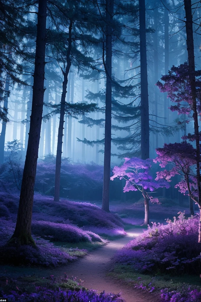 Enchanted Forest at Twilight: “Generate a fantasy landscape of an enchanted forest at twilight, with glowing plants, ancient trees, and magical creatures. The scene should feel mystical and serene, with a soft purple and blue color palette.”