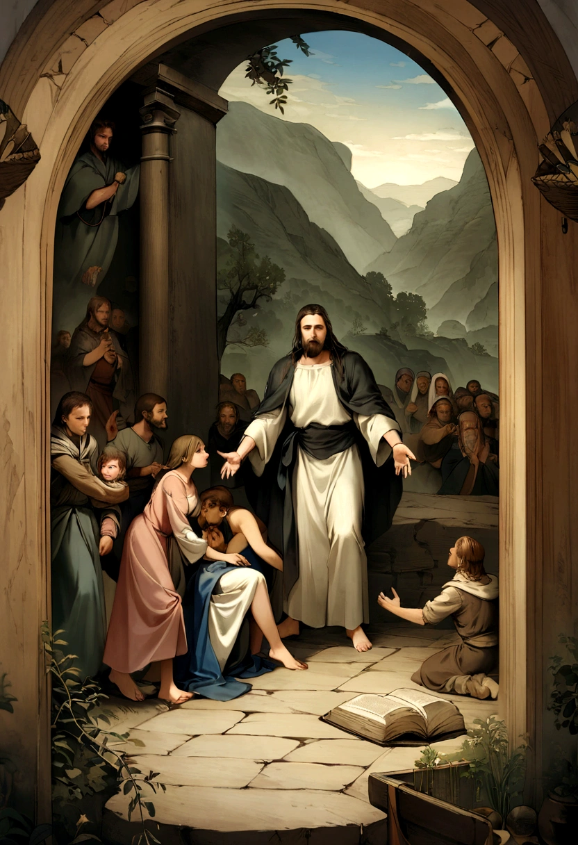 Painting of Jesus holding the body of a man in a mountain landscape, Biblical Painting, Biblical imagery, Epic biblical depictions, Biblical Art, Bible illustrations, Moses, making: Friedrich Gouermann(Friedrich Gauermann), in door : Georg Scholz, in door : Gregory Seekinger, in door : Julius Exner, making: Karel Stech, The Ancient Bible, in door : Cristofano Alori