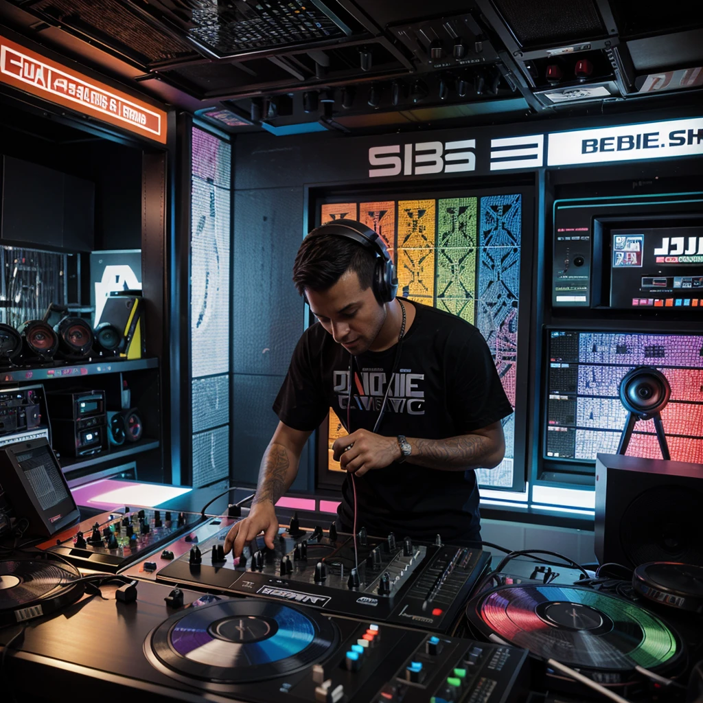 Colorful CD cover, dj putting sound, dubstep sound, sound table