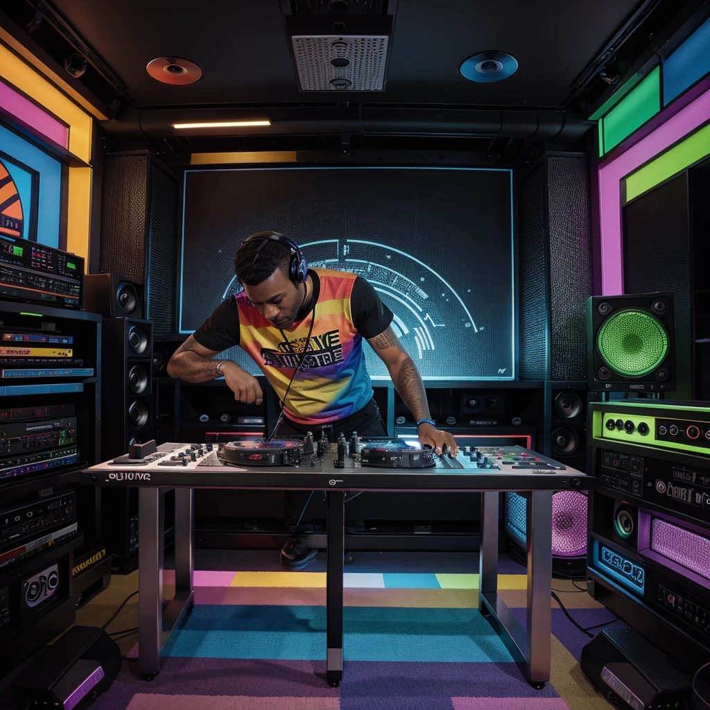 Colorful CD cover, dj putting sound, dubstep sound, sound table