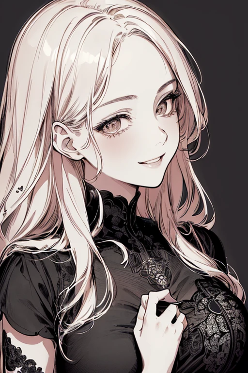 Highest quality, (Background details), High Contrast, Very beautiful woman, Detailed original illustrations、functional、Delicate face、Charm、Active、Cheerful、smile、sexy、Real breasts、Head close-up, Black background, (Black background: 1.5), Beautiful line art、Monochrome