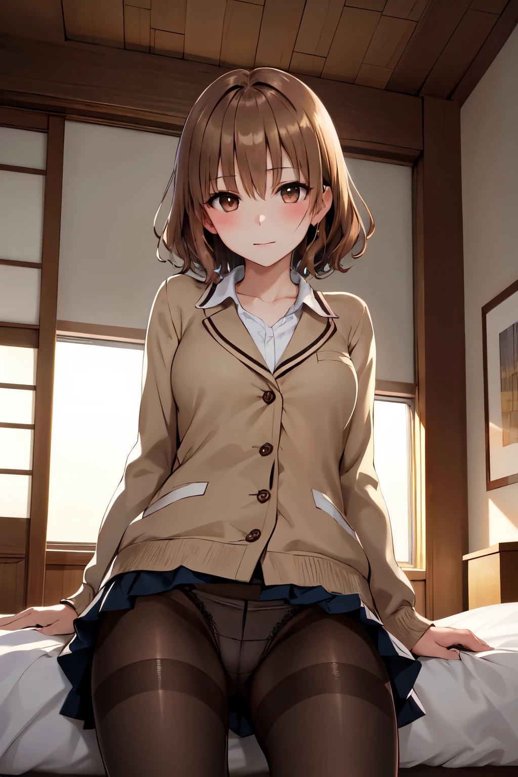 masterpiece, Highest quality, High resolution, One girl, alone, short hair, Brown Hair, Brown eyes, Bedroom、((pantyhose))、(Japanese school uniform)、(Knitted outerwear)、(Showing panties)