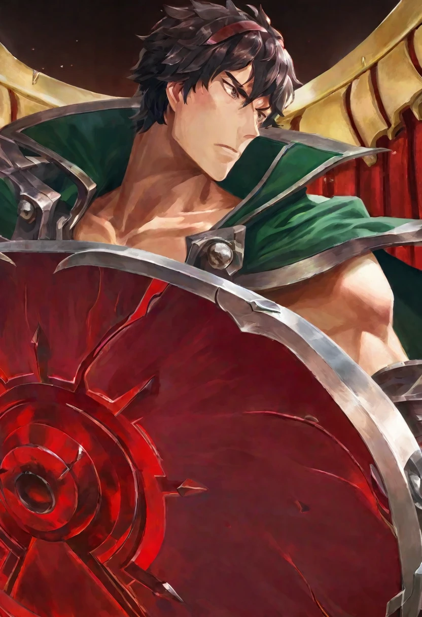 A magnificently illustrated Shield Hero, named Naofumi, stands valiantly, his colossal Shield of Wrath held firmly in his grasp. The shield, a blend of crimson and obsidian, radiates a powerful aura around him. His determined expression transforms as he engages in the act of Blood Sacrifice Magic, a forbidden art. Drips of blood mar his battle-torn form, yet defiance and fury etch deep lines across his stoic features. The scene, though surreal, is a testament to his unwavering resolve.