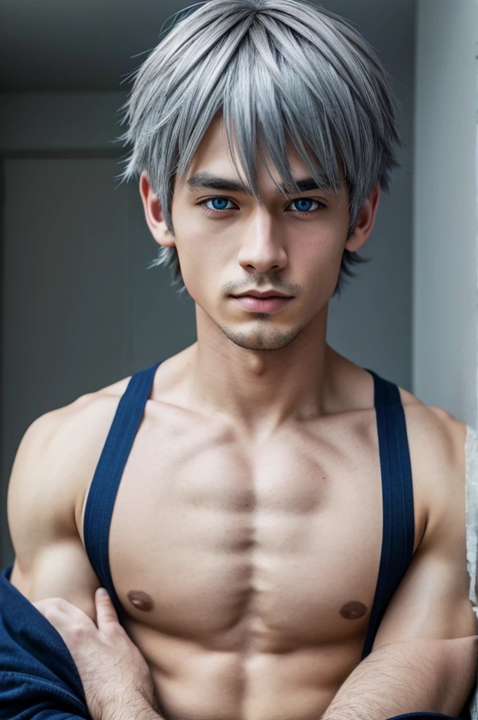 anime boy with gray hair and dark blue eyes