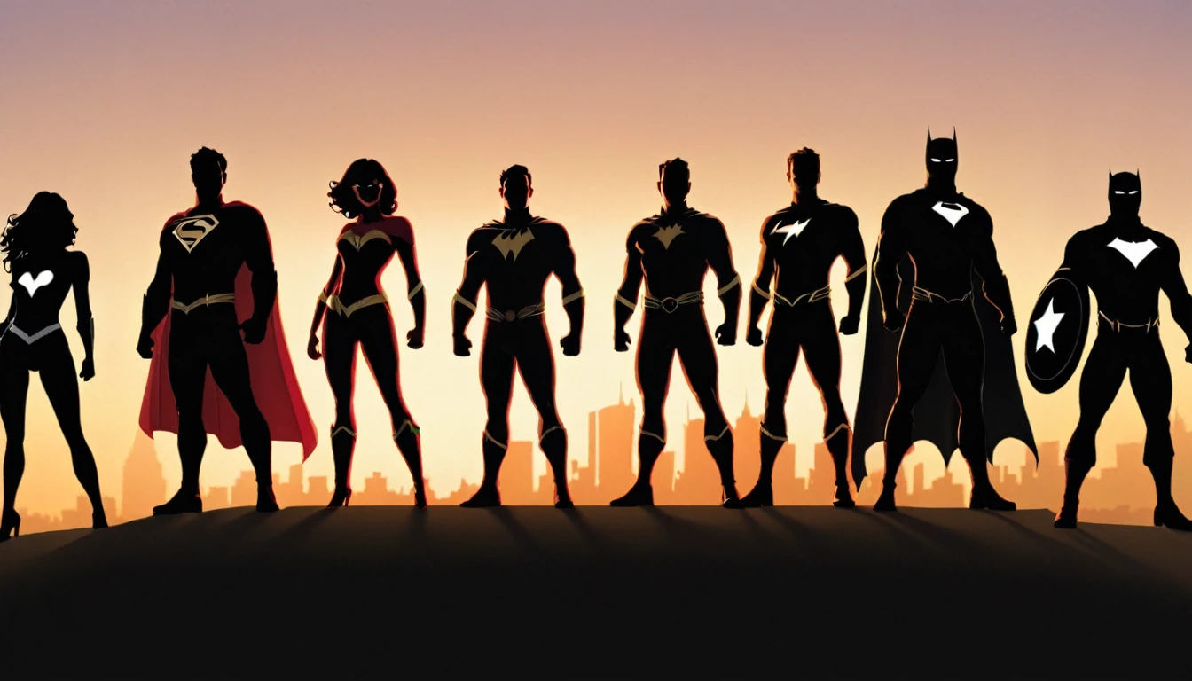 normal people in super hero pose wearing capes in silhouette posing for a picture, best quality, realistic
