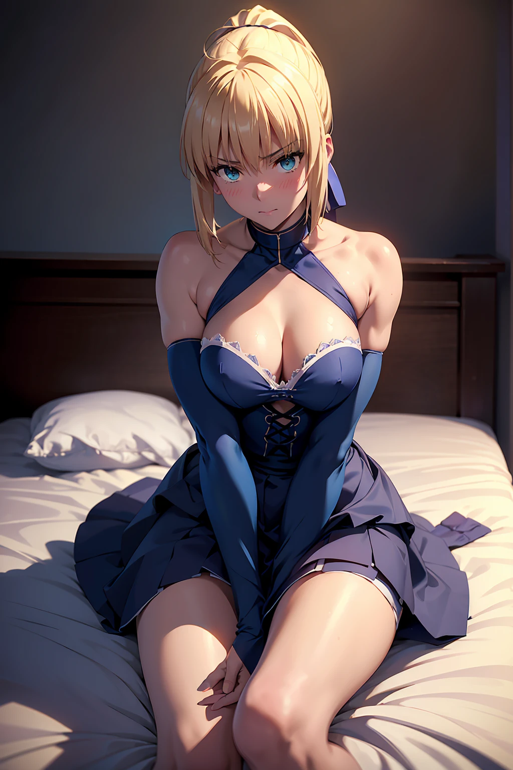 NSFW Highest quality,　(Artoria Pendragon), alone　(Blue Layered Skirt Armor　Foot armor)　short hair,ponytail　 Parody, Blue choker, hair 弓, Blue Ribbon, Highest quality, Very detailed　　atmosphere　Sexy pose　Muscular　Look at the front, Spread your legs　Super fatty muscle 　Are standing　　Absolute area　Beautiful thighs　　Knee-high armor boots　Angle from below　Side tie panties　inner thigh　Wet股間　　Wet　blush　Embarrassed face　Arching my back in joy　　masterpiece, Highest quality, One girl, (Browsing Caution:1.0), Spread your legs, Sheet, Lift your legs, nude, (pussyfocus:1.0) Sweat, Shiny skin, Heavy breathing, ( Sex, sexual intercourse, put in, Heterosexual, Motion Lines, Motion Blur, Talking Spirit:1.1), (Lie in, Lie in on your back, bed,Subjective:1.1)