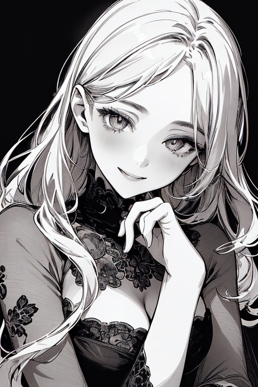 Highest quality, (Background details), High Contrast, Very beautiful woman, Detailed original illustrations、functional、Delicate face、Charm、Active、Cheerful、smile、sexy、Real breasts、Head close-up, Black background, (Black background: 1.5), Beautiful line art、Monochrome