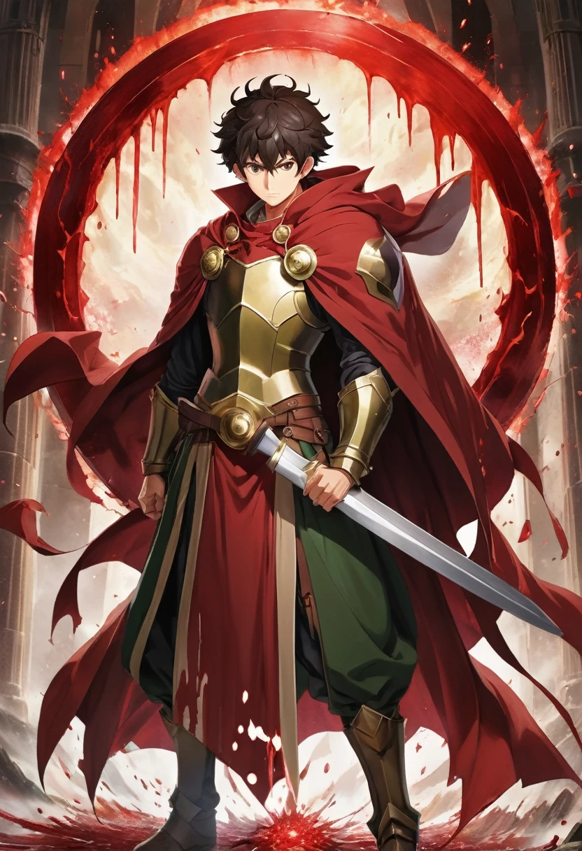 A magnificently illustrated Shield Hero, named Naofumi, stands valiantly, his colossal Shield of Wrath held firmly in his grasp. The shield, a blend of crimson and obsidian, radiates a powerful aura around him. His determined expression transforms as he engages in the act of Blood Sacrifice Magic, a forbidden art. Drips of blood mar his battle-torn form, yet defiance and fury etch deep lines across his stoic features. The scene, though surreal, is a testament to his unwavering resolve.