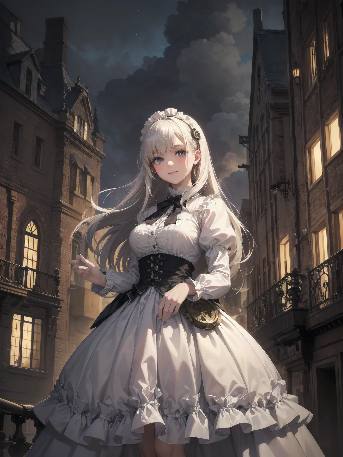 (Highest quality、16K、masterpiece、Ultra-high resolution、Victorian era、Photorealistic:1.2)、A delicate Lolita girl, aged 13, stands on a castle balcony at dusk, surrounded by the city's skyline and steampunk contraptions. Her platinum hair is messy, framing her androgynous charm. She wears a flowing white dress with a light green tie and holds a pocket watch in hand. A subtle smile plays on her lips as she gazes out at the night view, her eyes shining like sapphires. The air is filled with steam spewing from pipes, adding to the surreal atmosphere. Her skin glows with an ultra-dense texture, and her fingers are full and detailed.