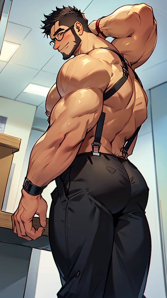 4k, masterpiece, high resolution:1.2, 1 man, solo, bara, muscular, big physique, crew cut hair, facial hair, chest, wide shoulder, biceps, thighs, triceps, butt, black hair, cute smile, friendly, standing in an office, wearing formal trousers, wearing formal stripes pattern office shirt, wearing glasses, upstairs office in the background, ultra detailed, shredded muscle, flat style (((wearing harness))) (((view from the bottom back, thick huge ass)))