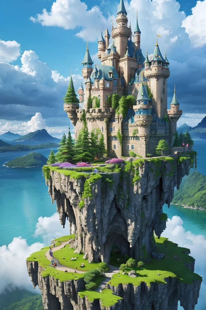 Floating Island Castle: “Create a fantasy landscape featuring a majestic castle on a floating island, surrounded by clouds and waterfalls. The castle should be grand and ornate, with lush greenery and vibrant flowers on the island. Use a bright, magical color scheme.
