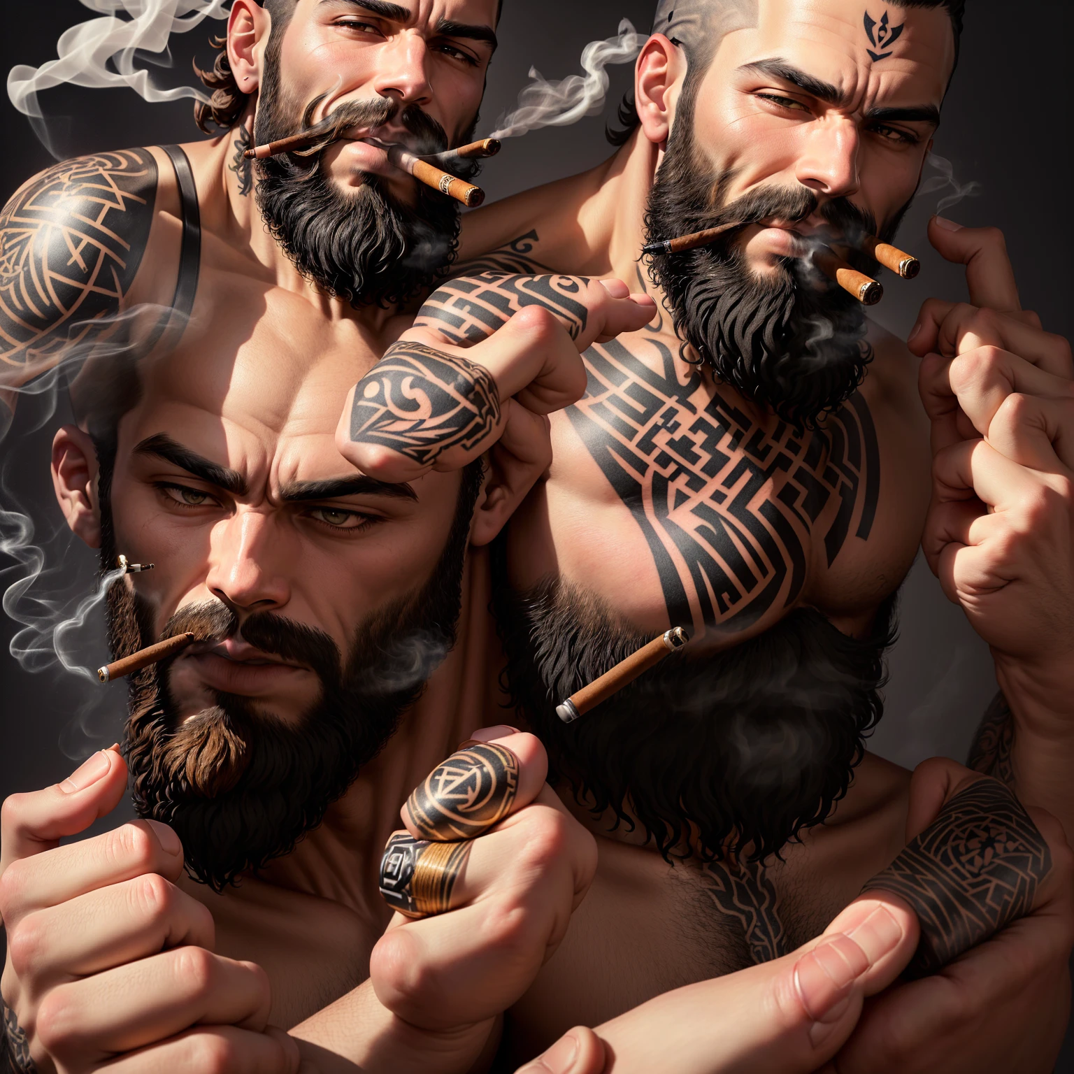arafed man with a beard and a tattoo smoking a cigarette, smoking with squat pose, smoking a thick cigar, smoking weed, smoking a joint, with cigar, high-quality portrait, smoking a pipe, profile image, smoking a cigarrette🚬, wizard's pipe, the brain, holding cigar, holding a cigar, subject action: smoking a cigar